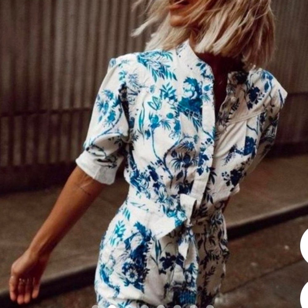 Anthropologie blue & white long sleeve formal jumpsuit